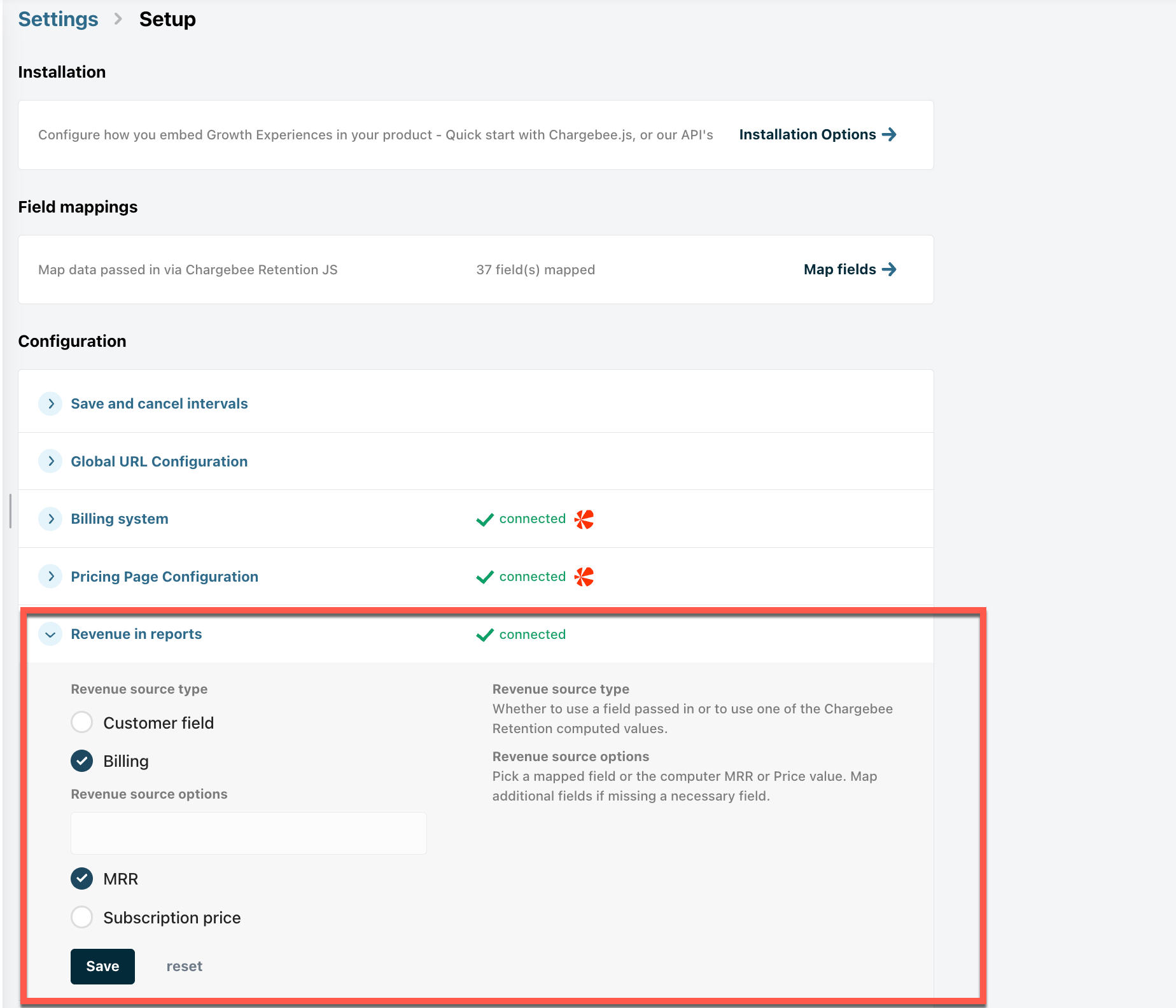 Revenue in reports configuration under Settings in Chargebee Growth