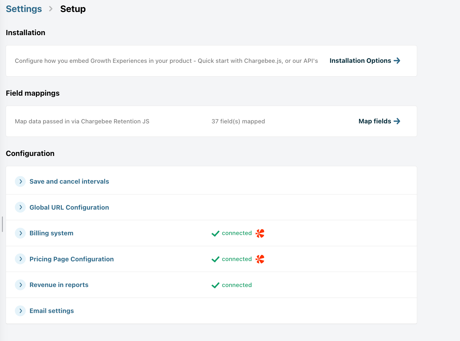 Setup settings page in Chargebee Growth