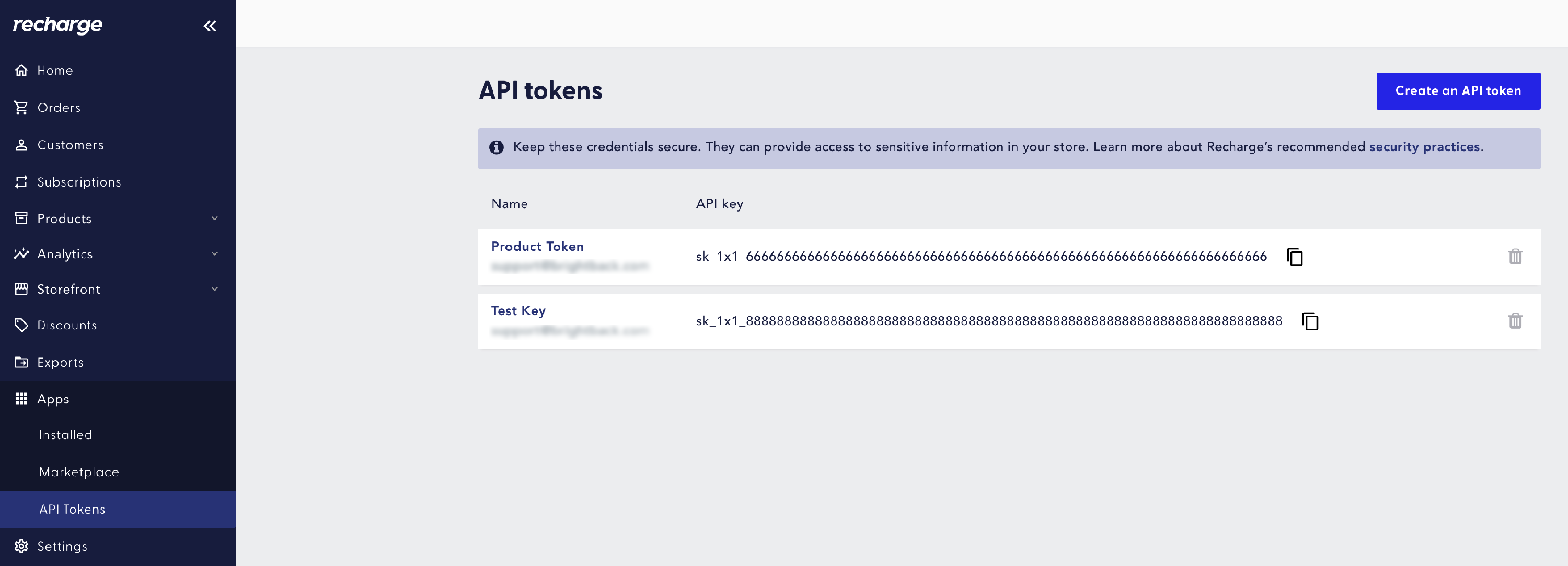 Recharge API Tokens page under Apps
