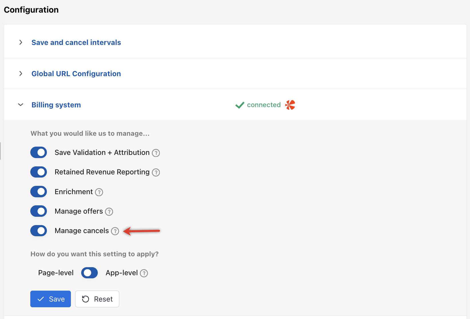 Manage Cancels toggle in the Chargebee Growth billing system settings