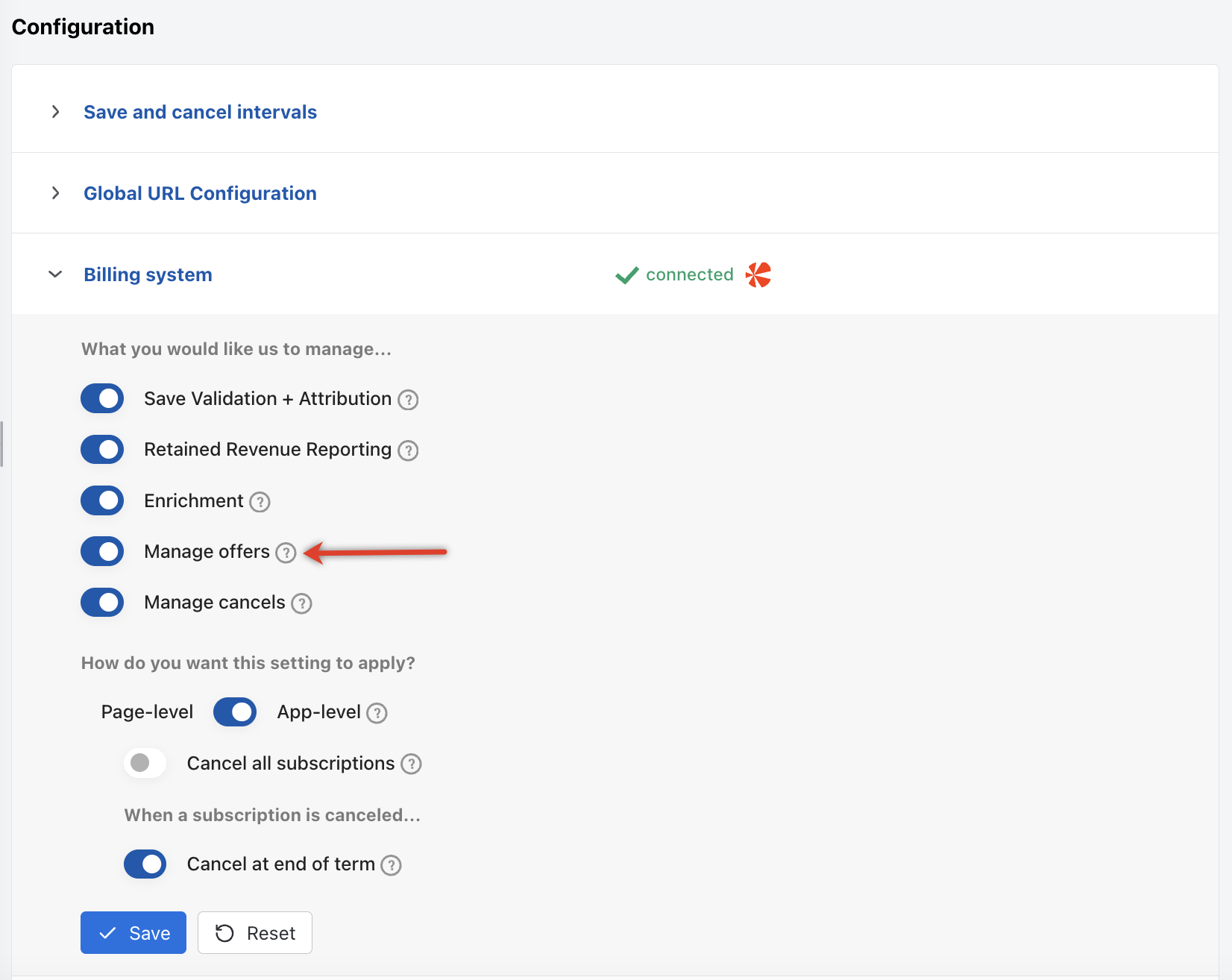 Manage Offers toggle in the Chargebee Growth billing system settings
