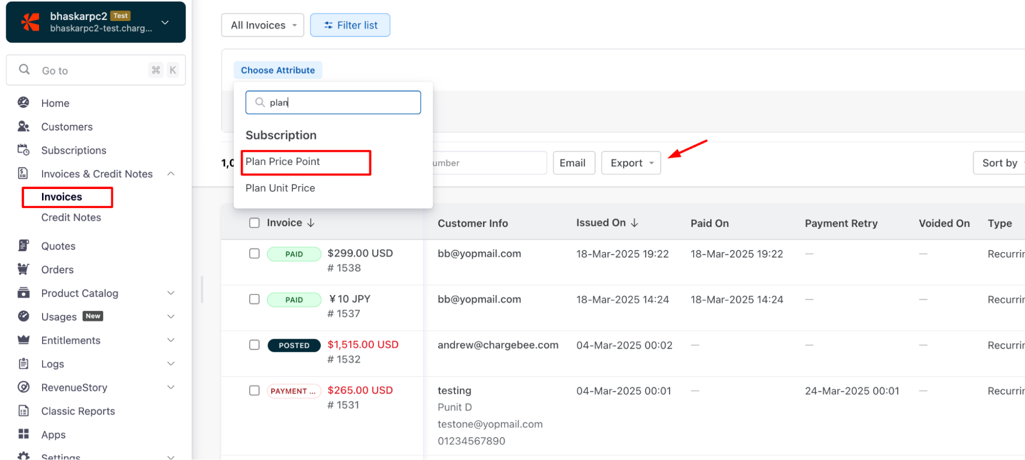 Subscription Plan Price Point filter on Invoices page