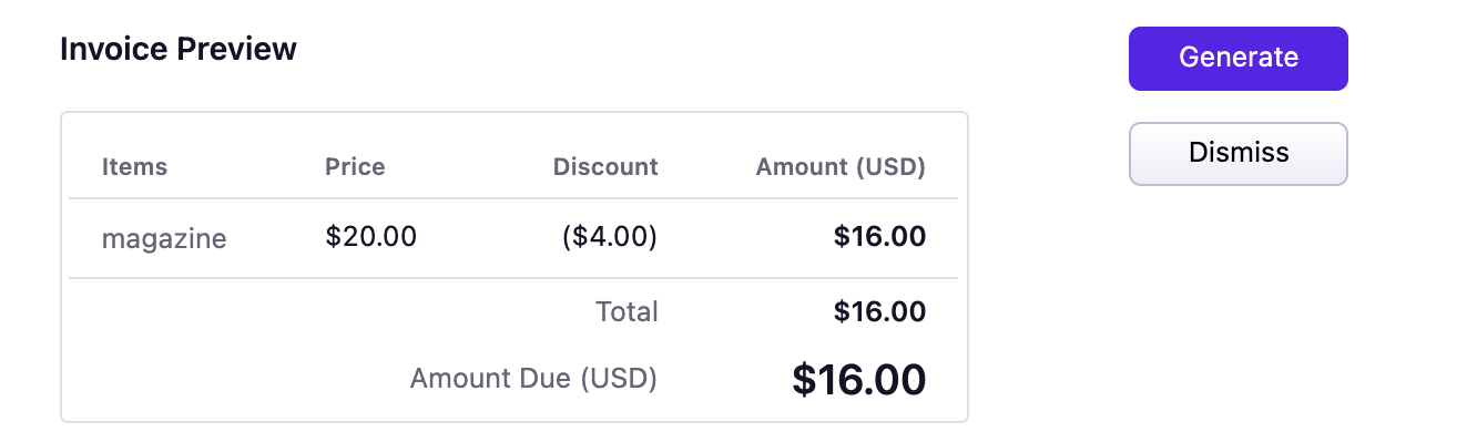 Invoice preview with coupon discount applied