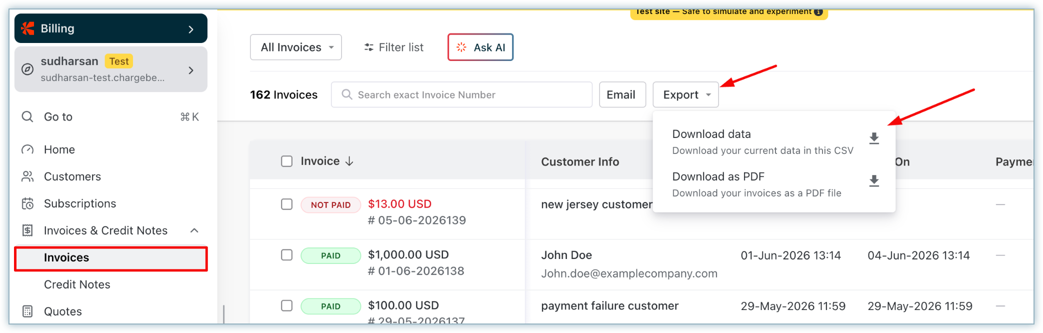 Invoices page with Export option and All Invoices filter
