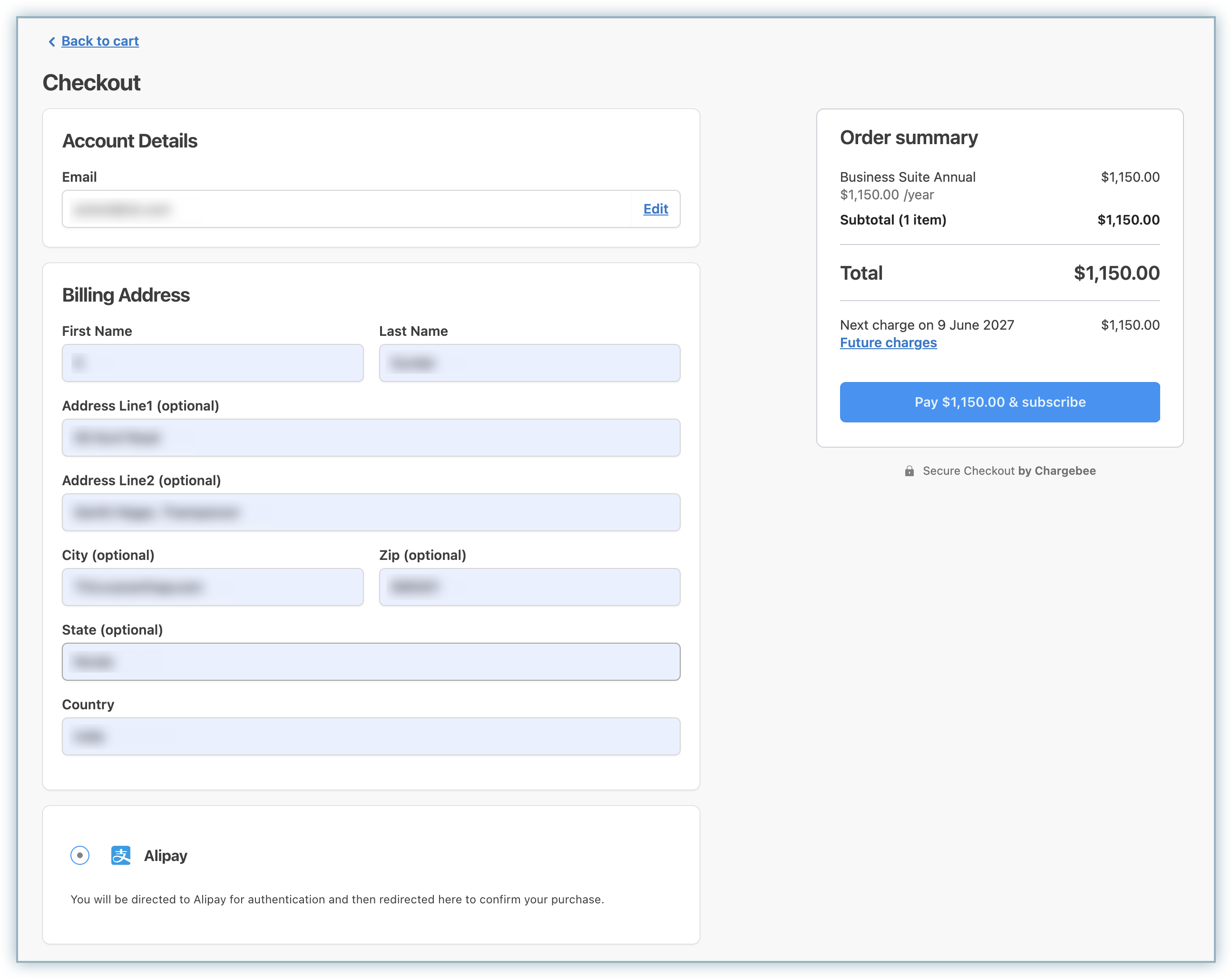 Checkout page with Alipay selected as the payment method