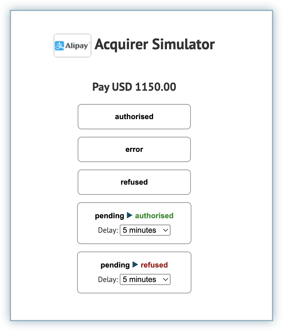 Adyen Alipay authorisation screen used to confirm the payment
