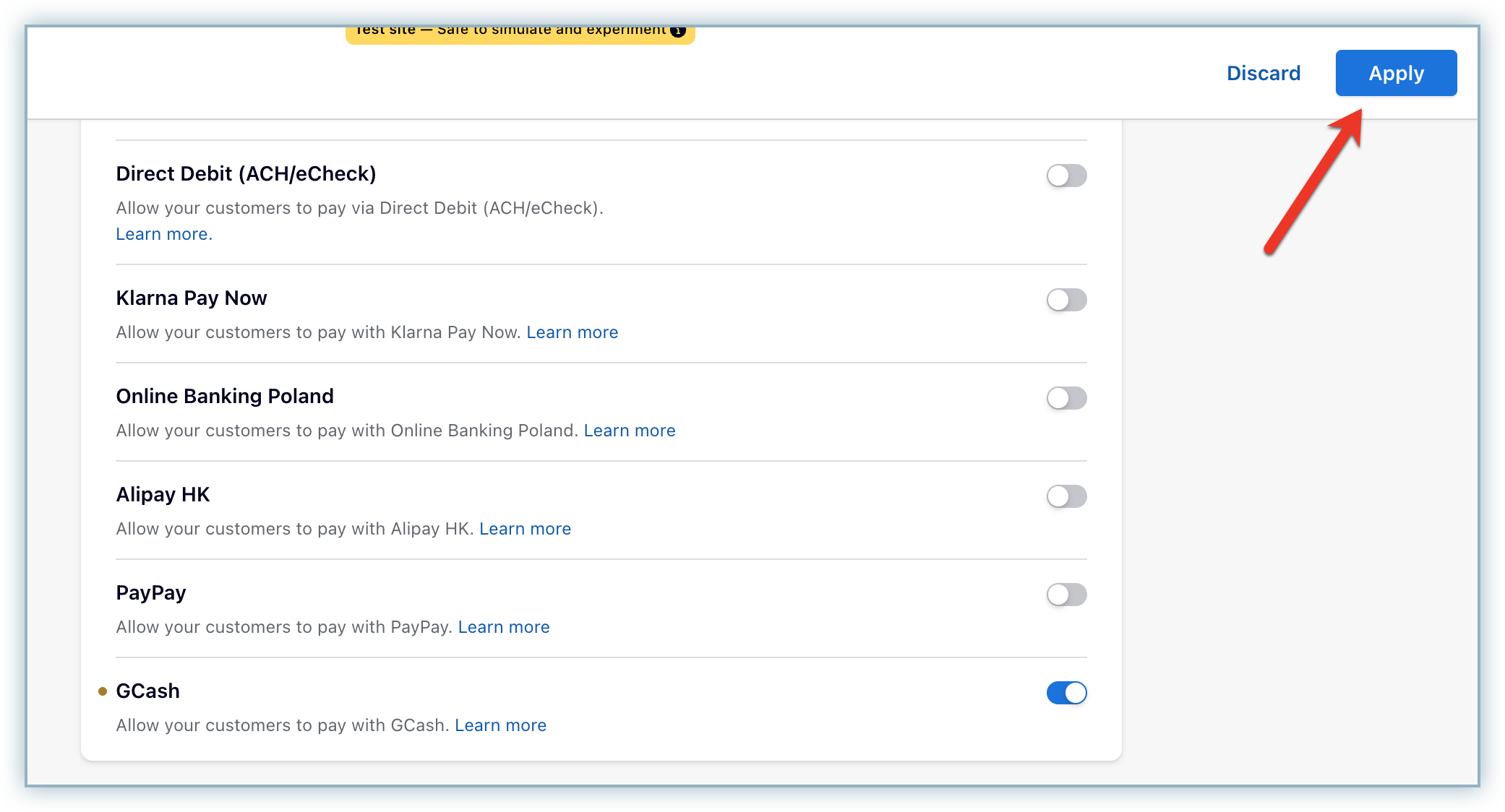 Apply GCash settings
