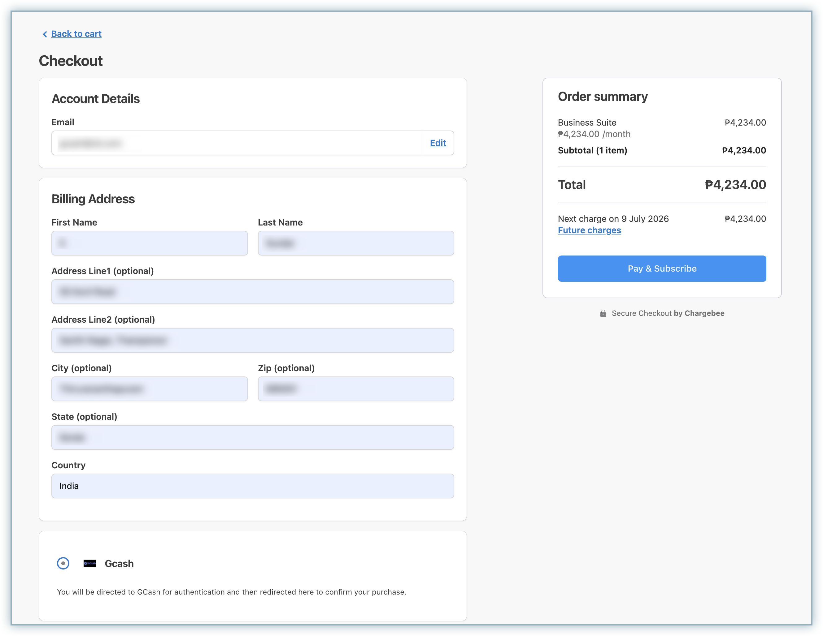 Checkout page with GCash selected as the payment method