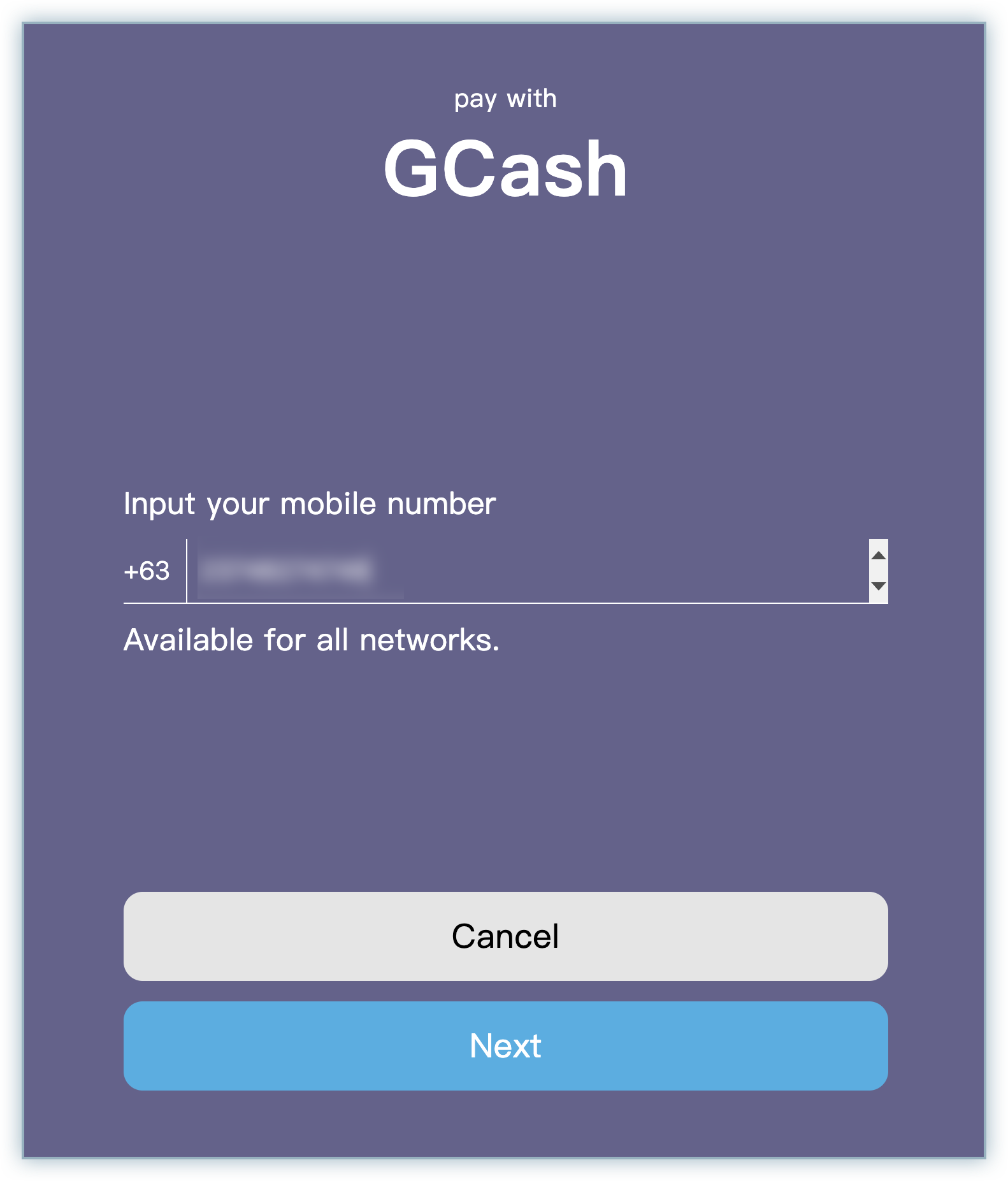 GCash screen prompting for the customer's mobile number