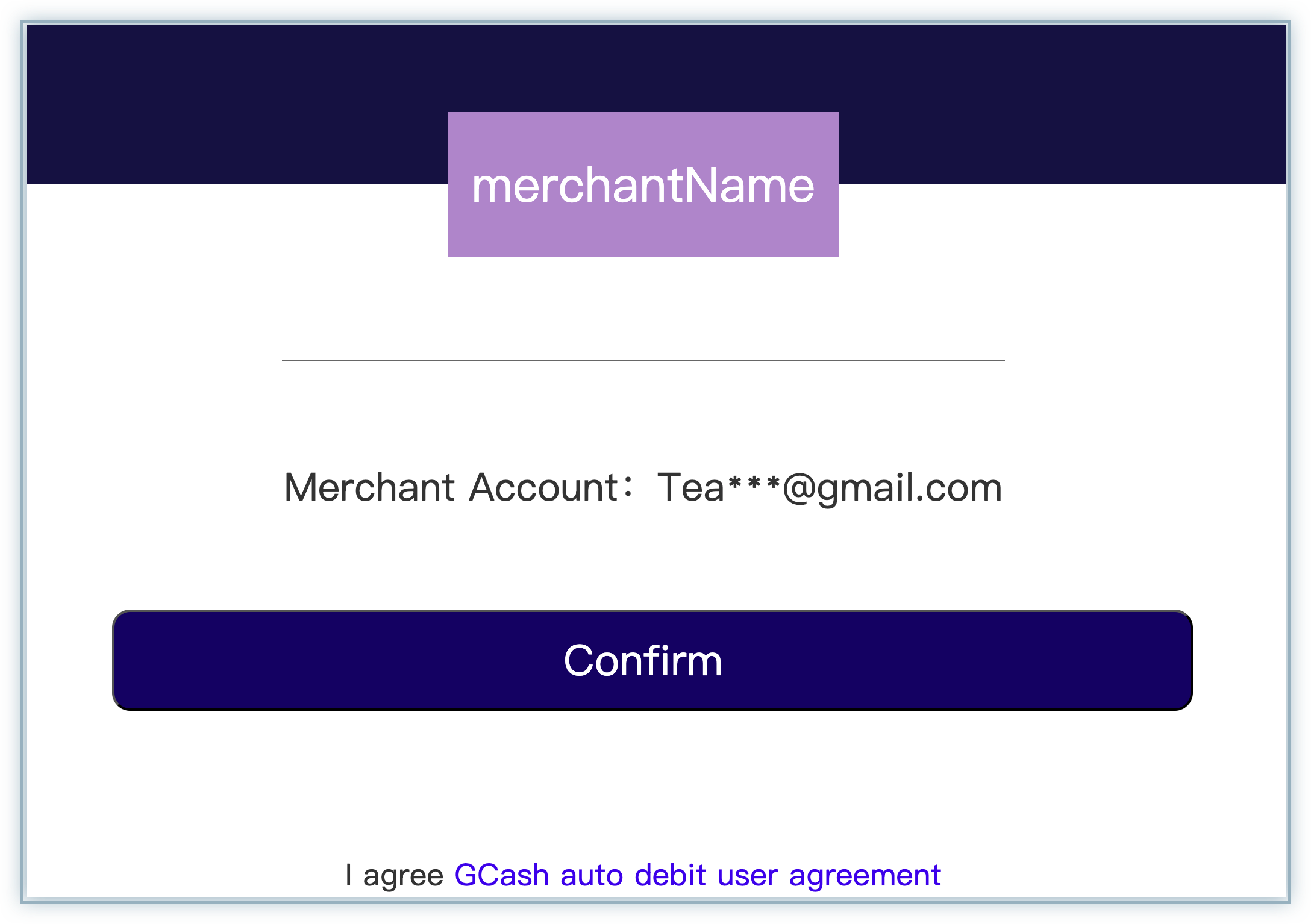 GCash merchant confirmation screen with the Confirm button