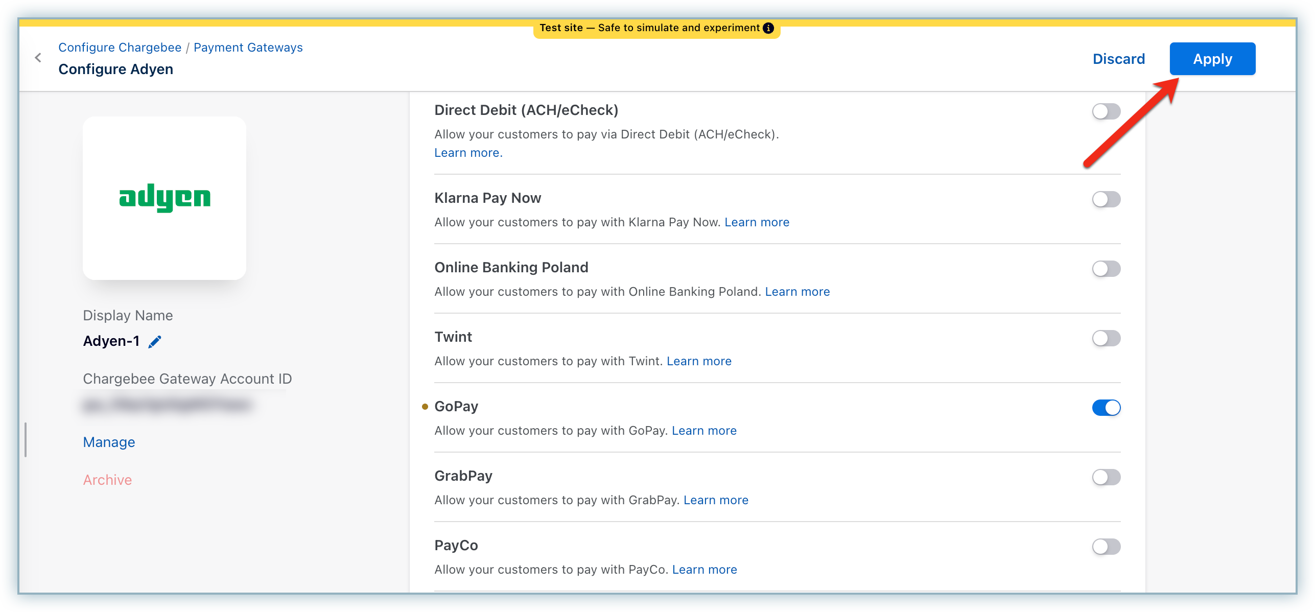 Apply GoPay settings