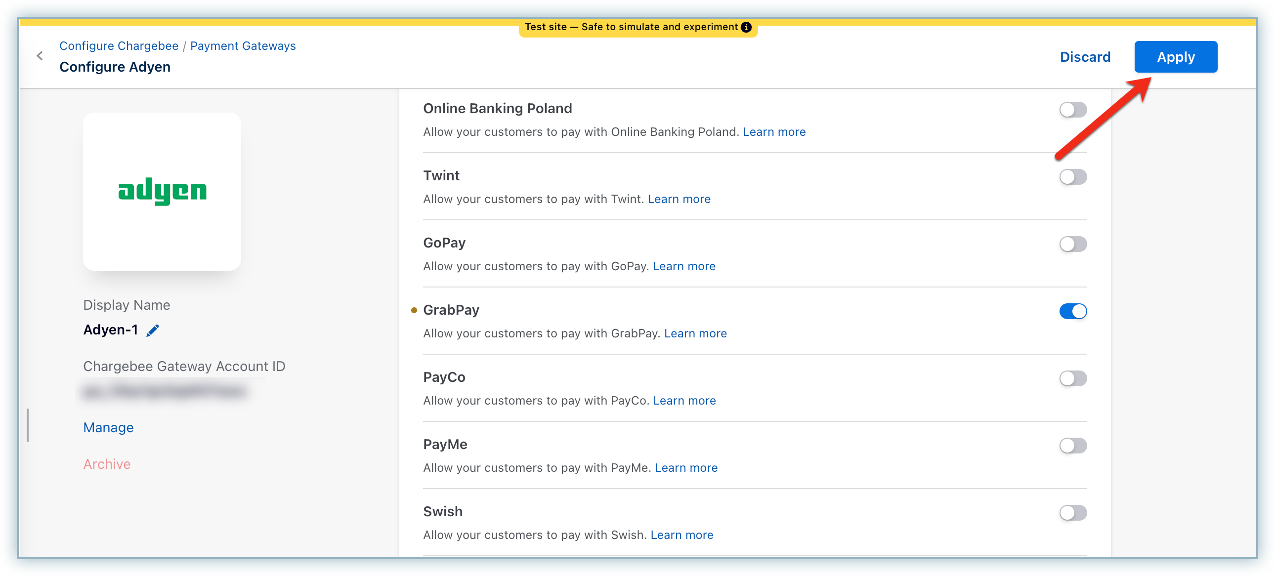 Apply GrabPay settings