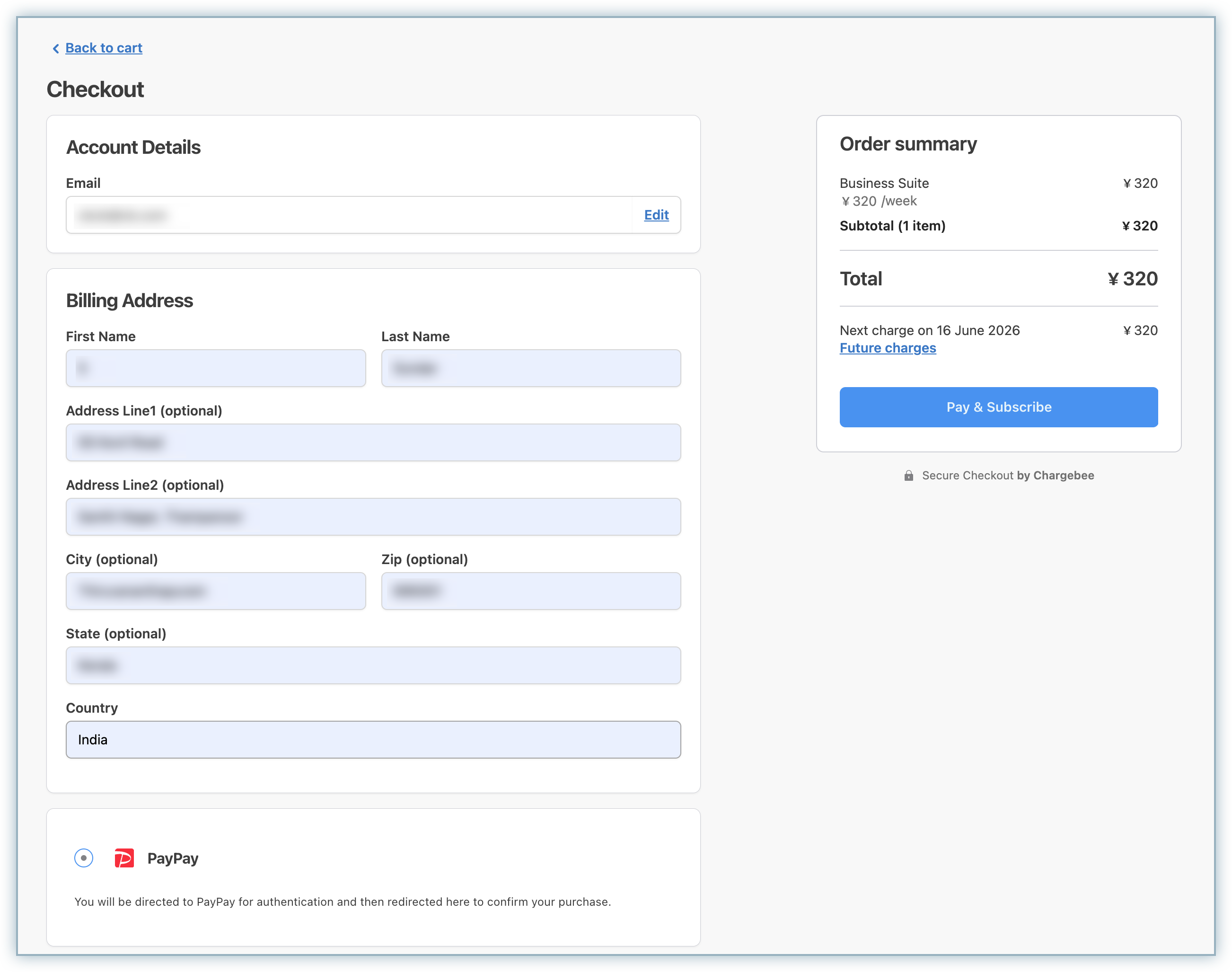 Checkout page with PayPay selected as the payment method