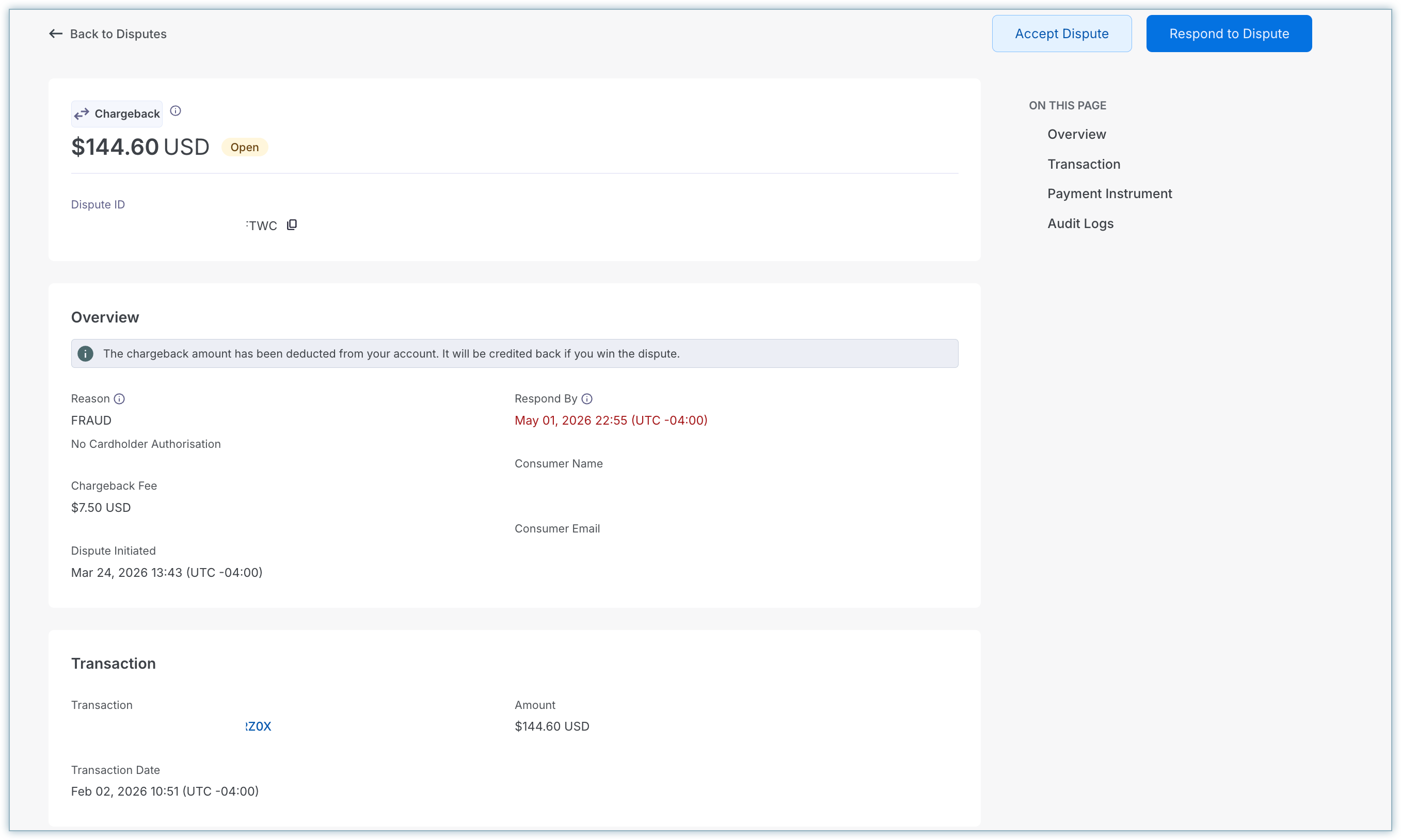 Dispute details in Chargebee Pay portal