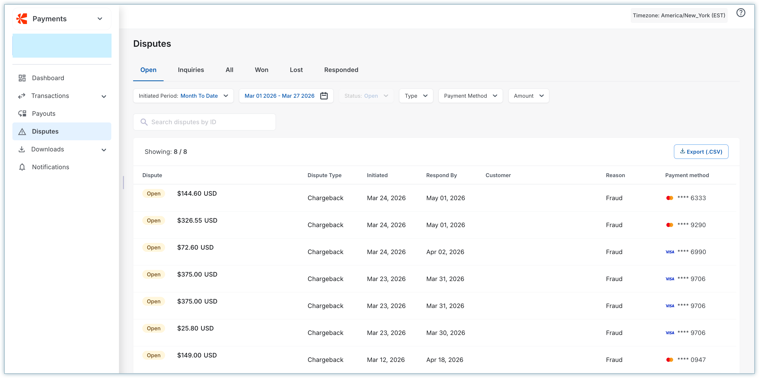 Disputes list in Chargebee Pay portal