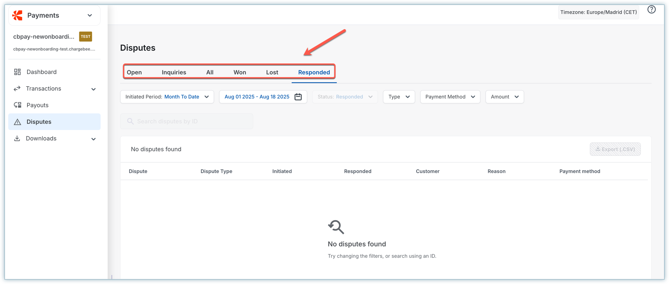 Disputes tab showing different dispute statuses in Chargebee Pay portal