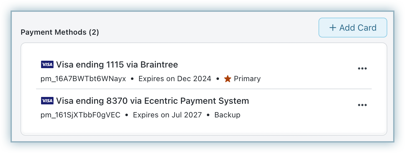 Customer payment methods list showing primary and backup tags