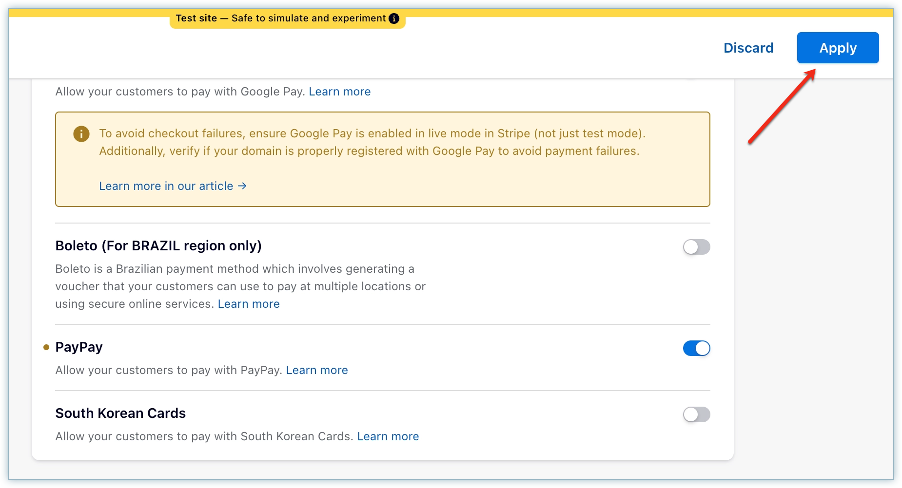 Configure Stripe page with the Apply button to save PayPay settings