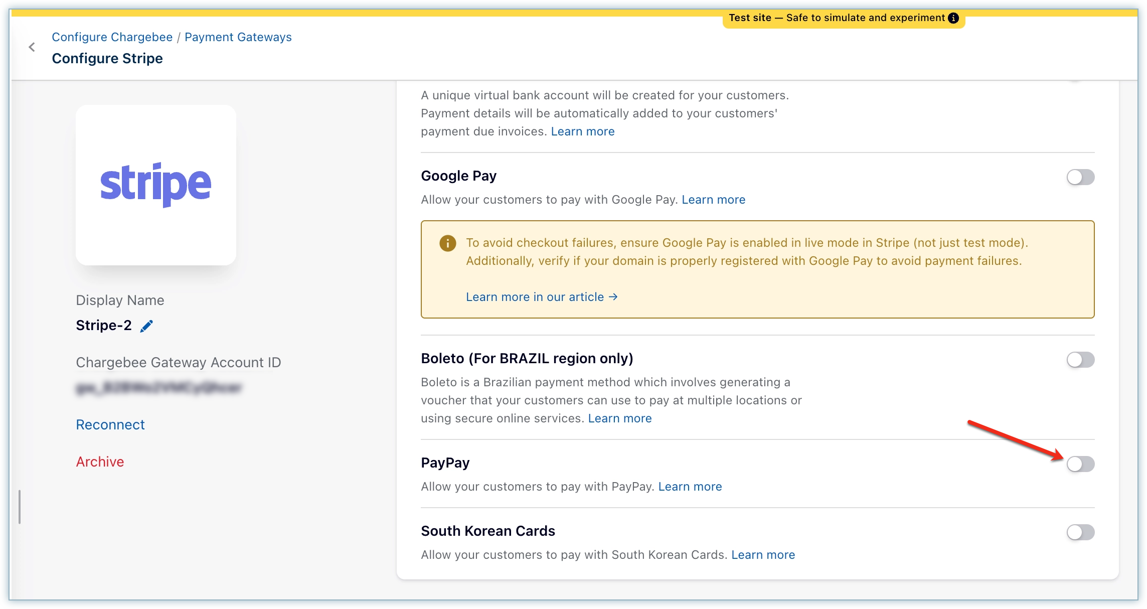 Configure Stripe page with the PayPay payment method enabled