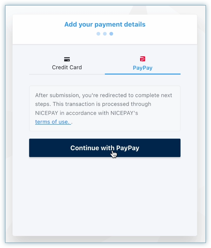 Add your payment details page with PayPay selected as the payment method