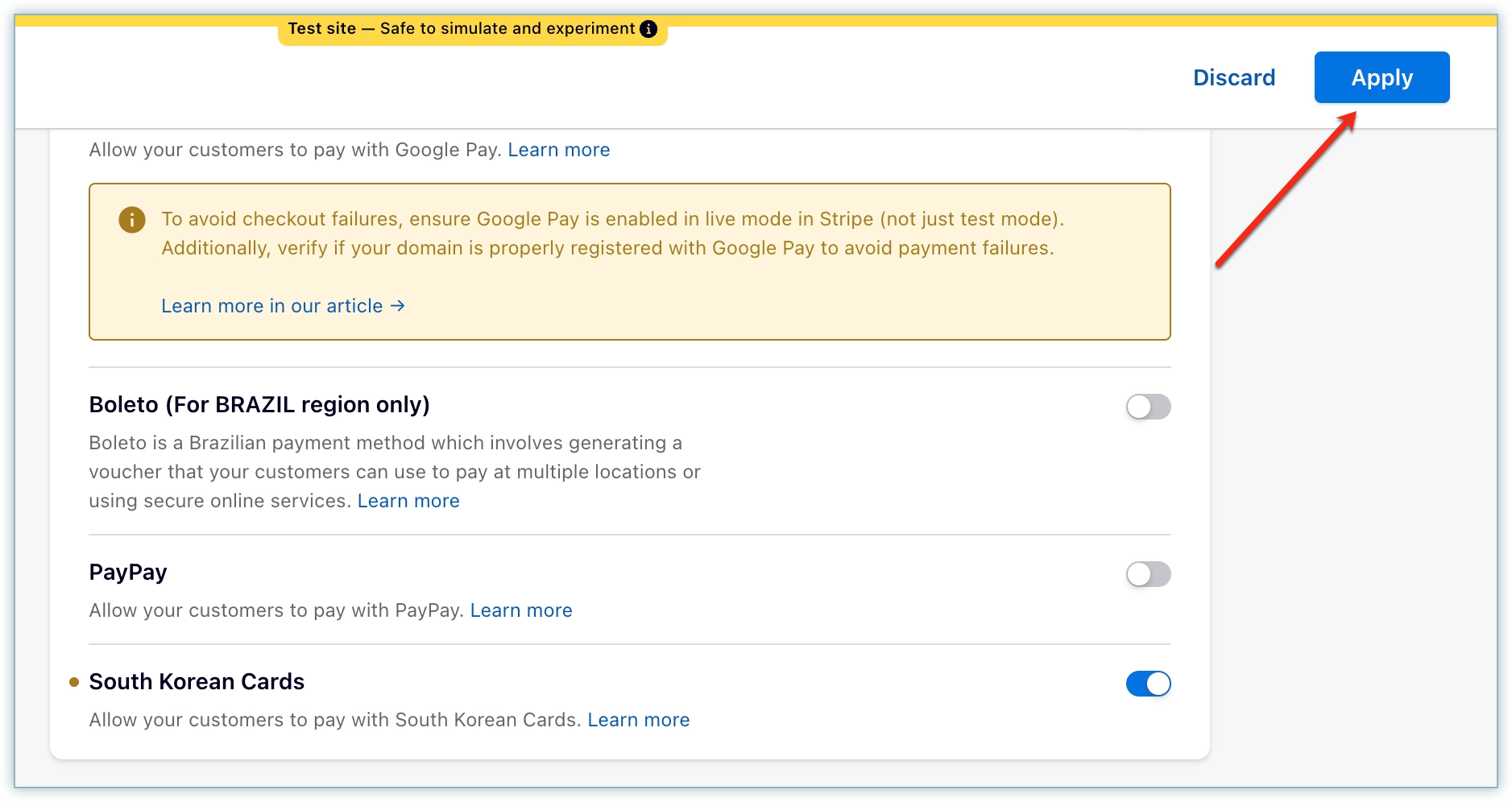Configure Stripe page with the Apply button to save South Korean cards settings