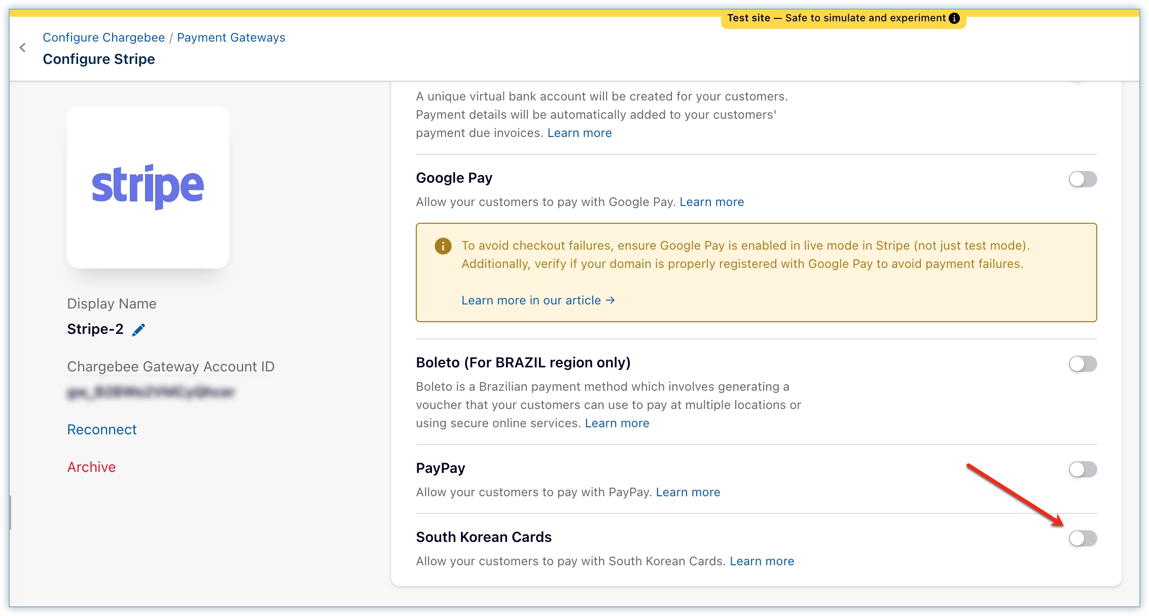 Configure Stripe page with the South Korean cards payment method enabled