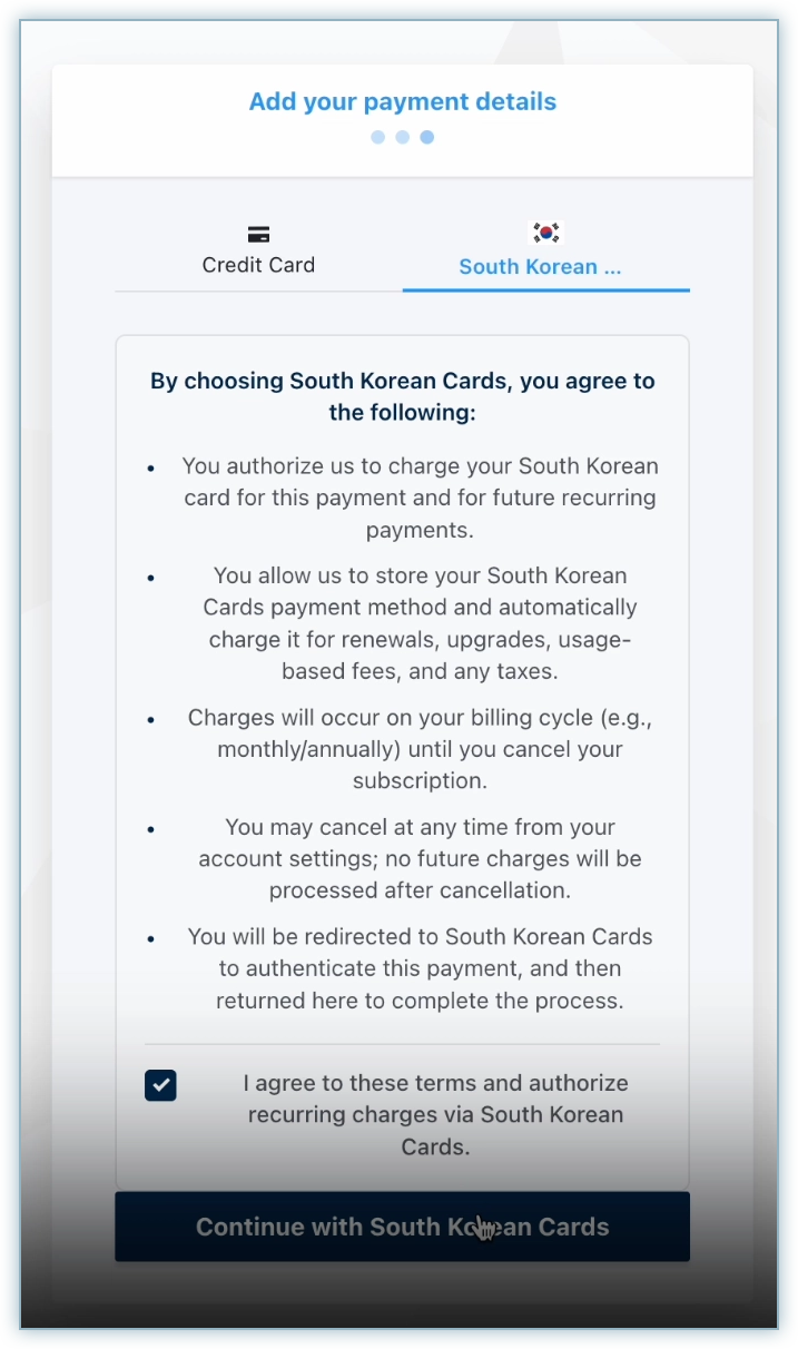 Add your payment details page with South Korean Cards selected as the payment method