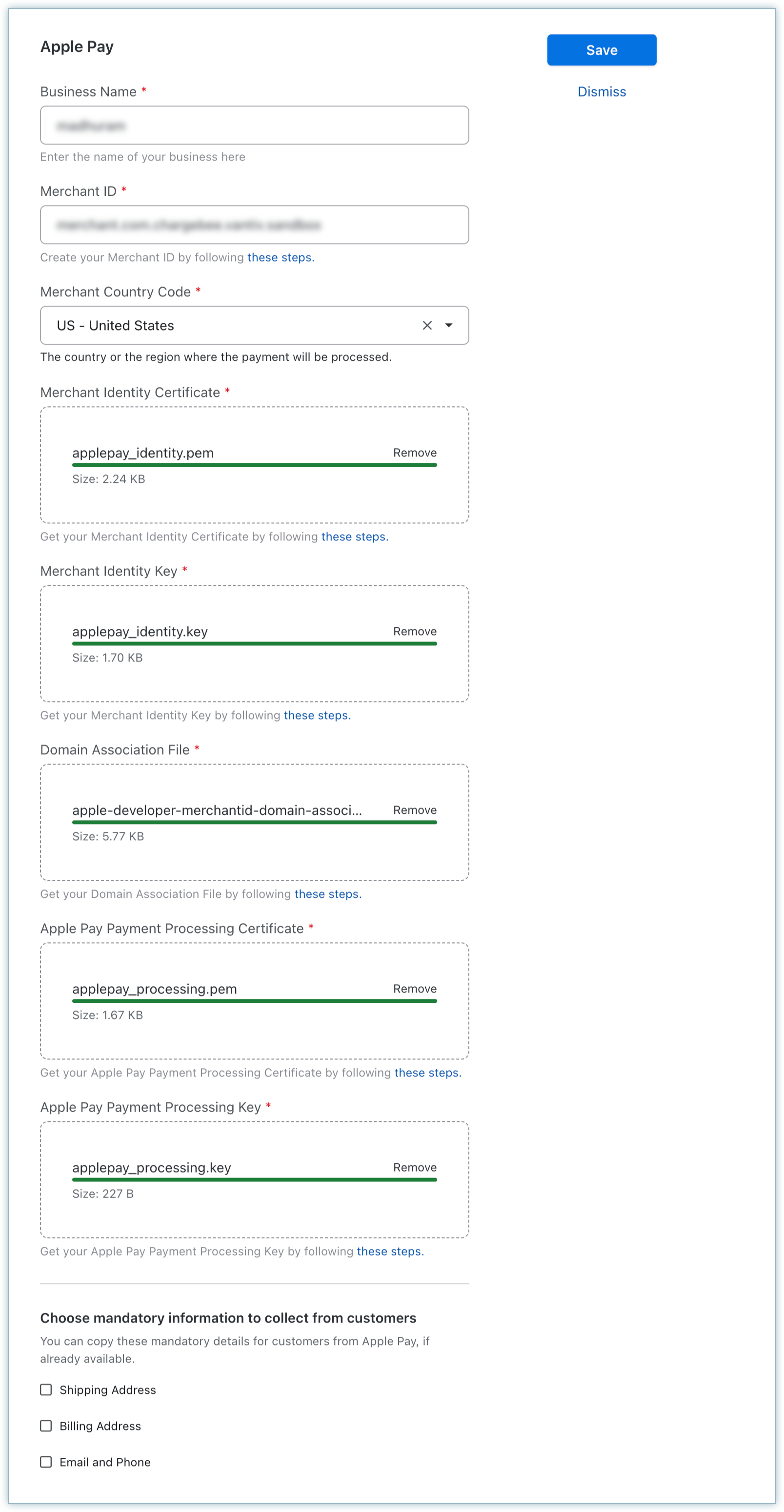Apple Pay configuration form for Worldpay US eCom (Vantiv)