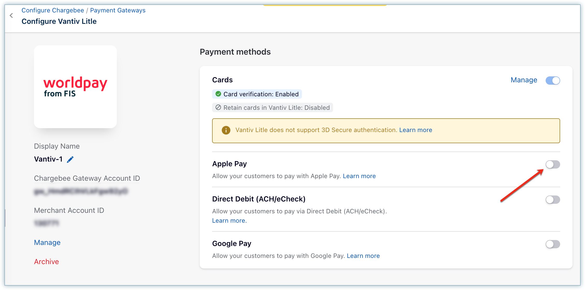 Enable Apple Pay toggle on the Configure Vantiv Litle payment methods page
