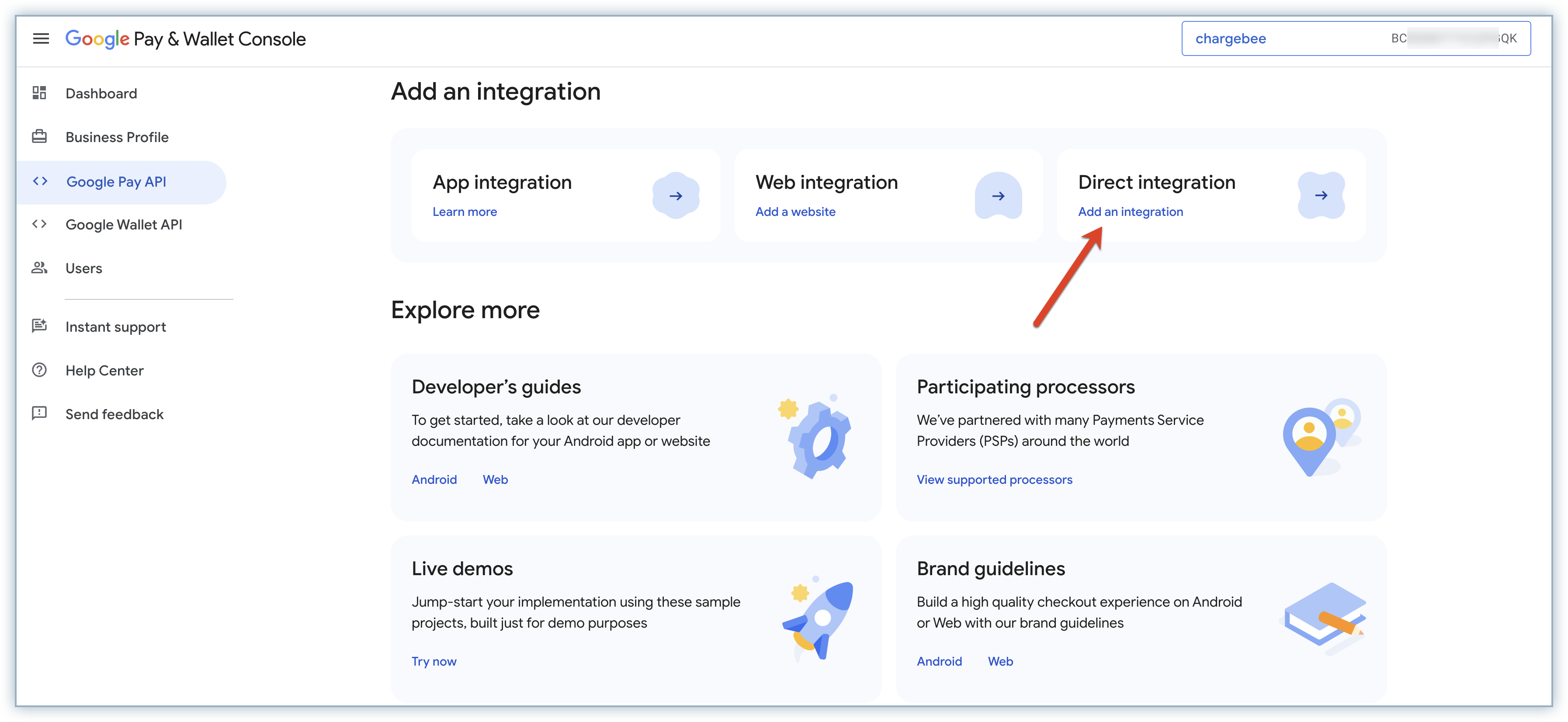 Add an integration section in the Google Pay & Wallet Console