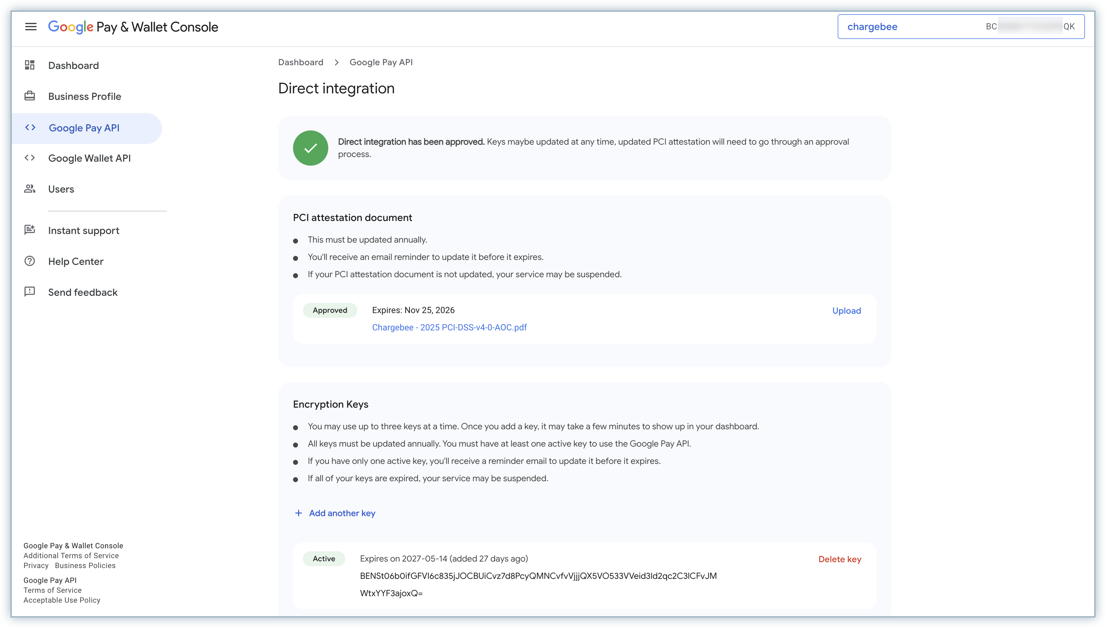 Direct integration page with encryption keys in the Google Pay & Wallet Console