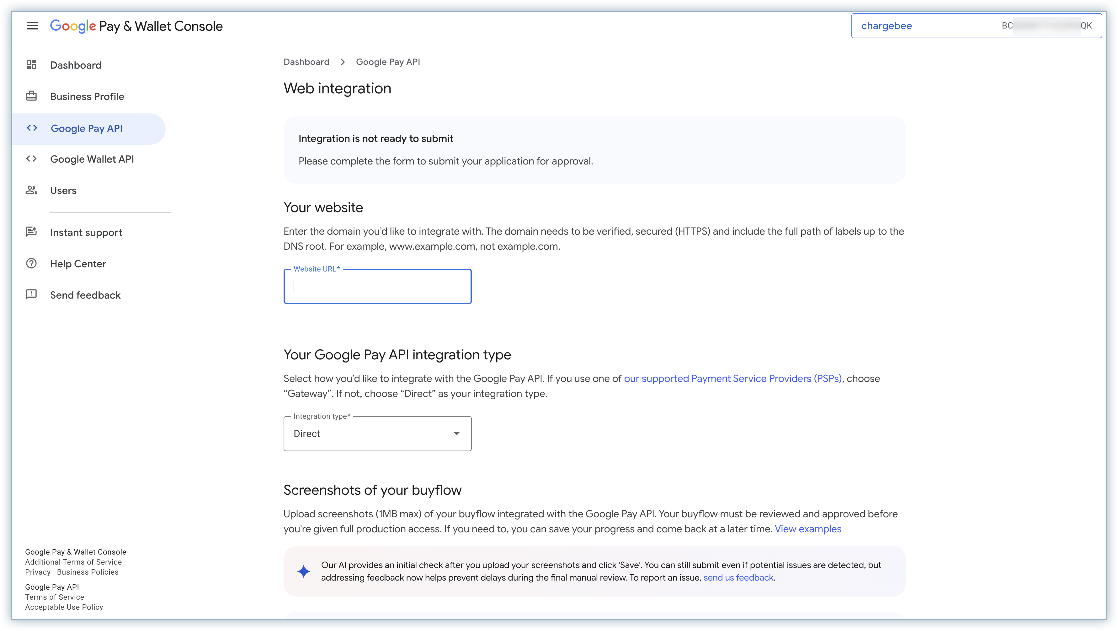 Web integration page with integration type set to Direct in the Google Pay & Wallet Console