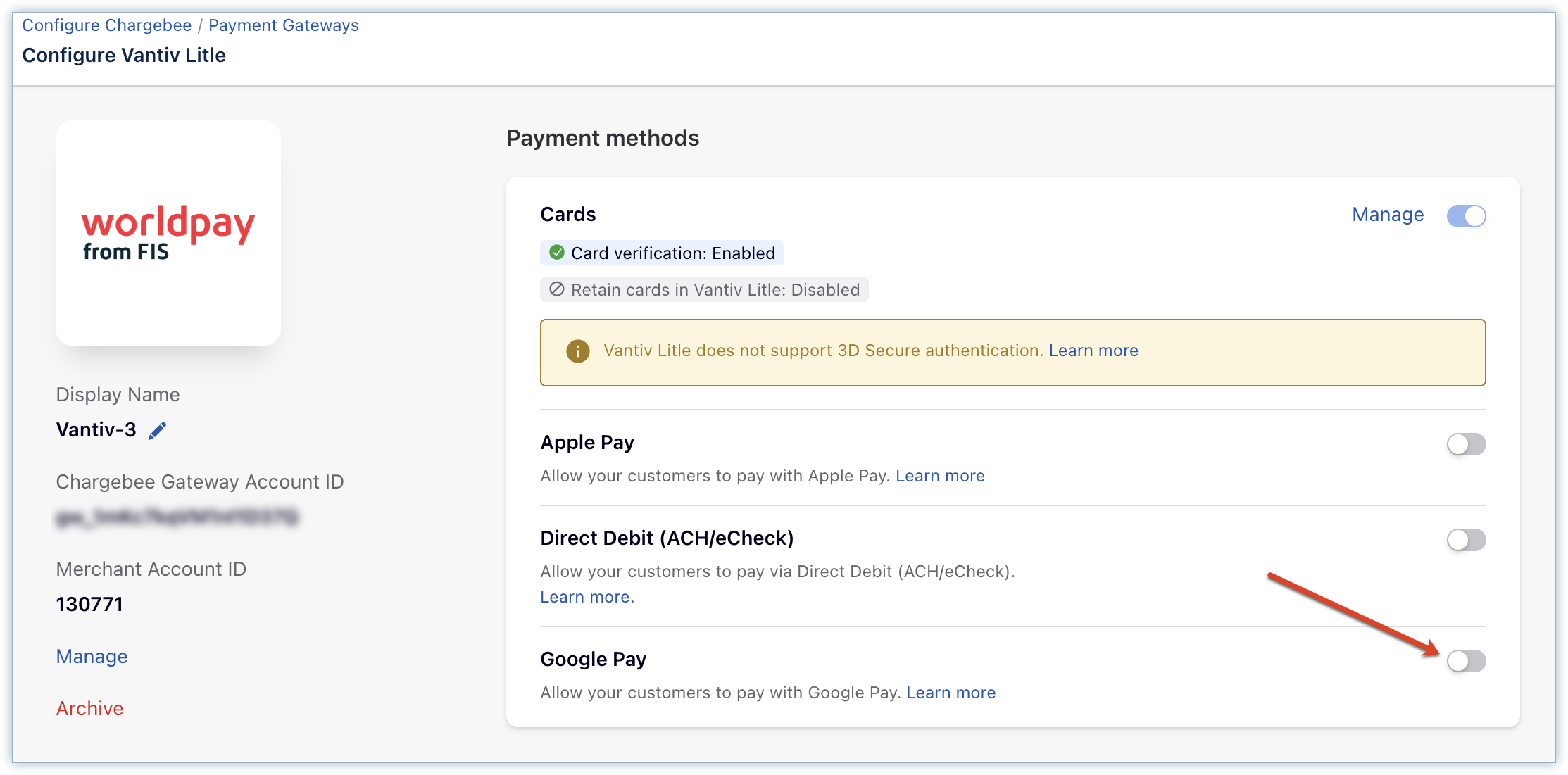 Enable Google Pay toggle on the Configure Vantiv Litle payment methods page