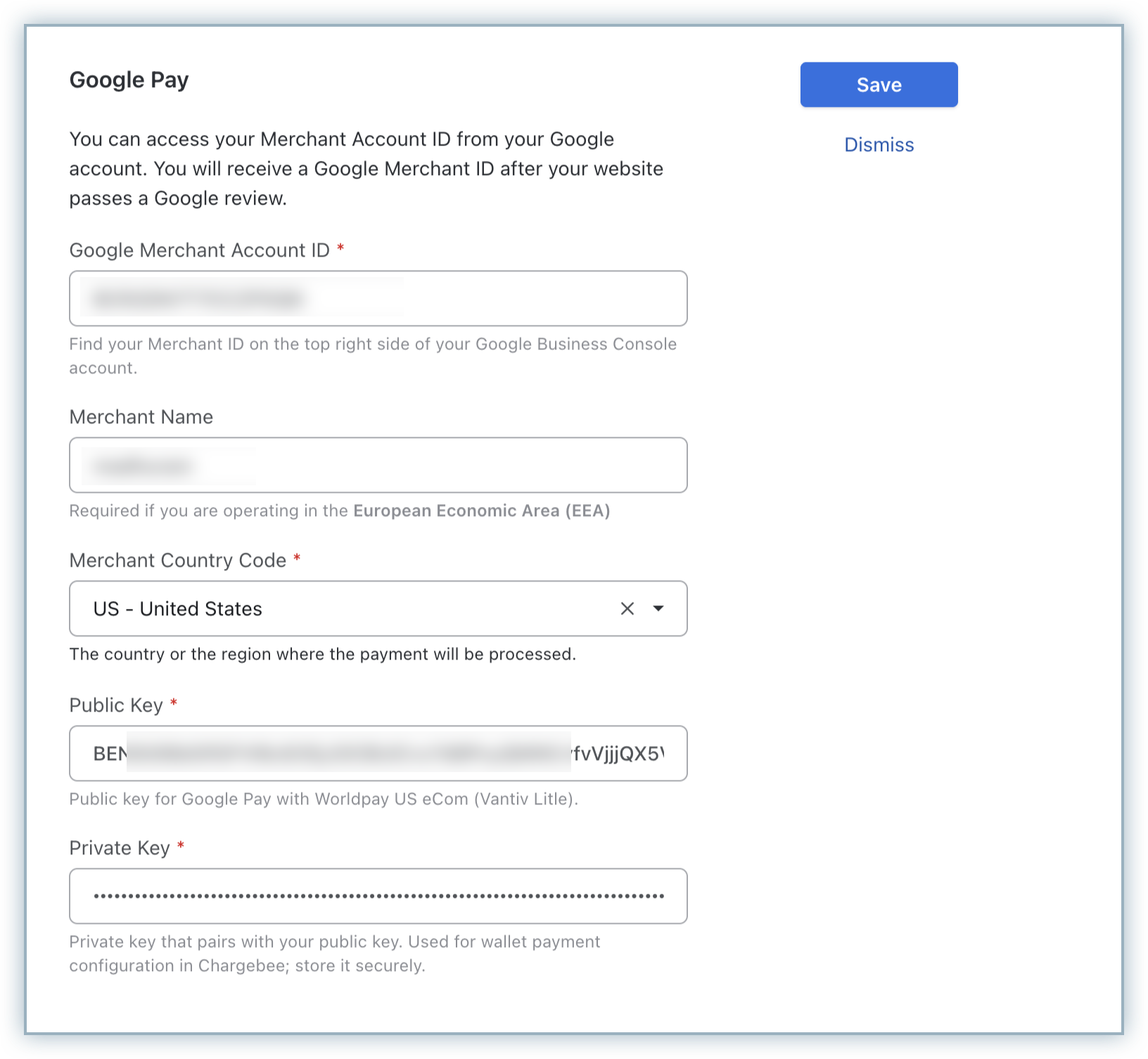 Google Pay configuration form for Worldpay US eCom (Vantiv)