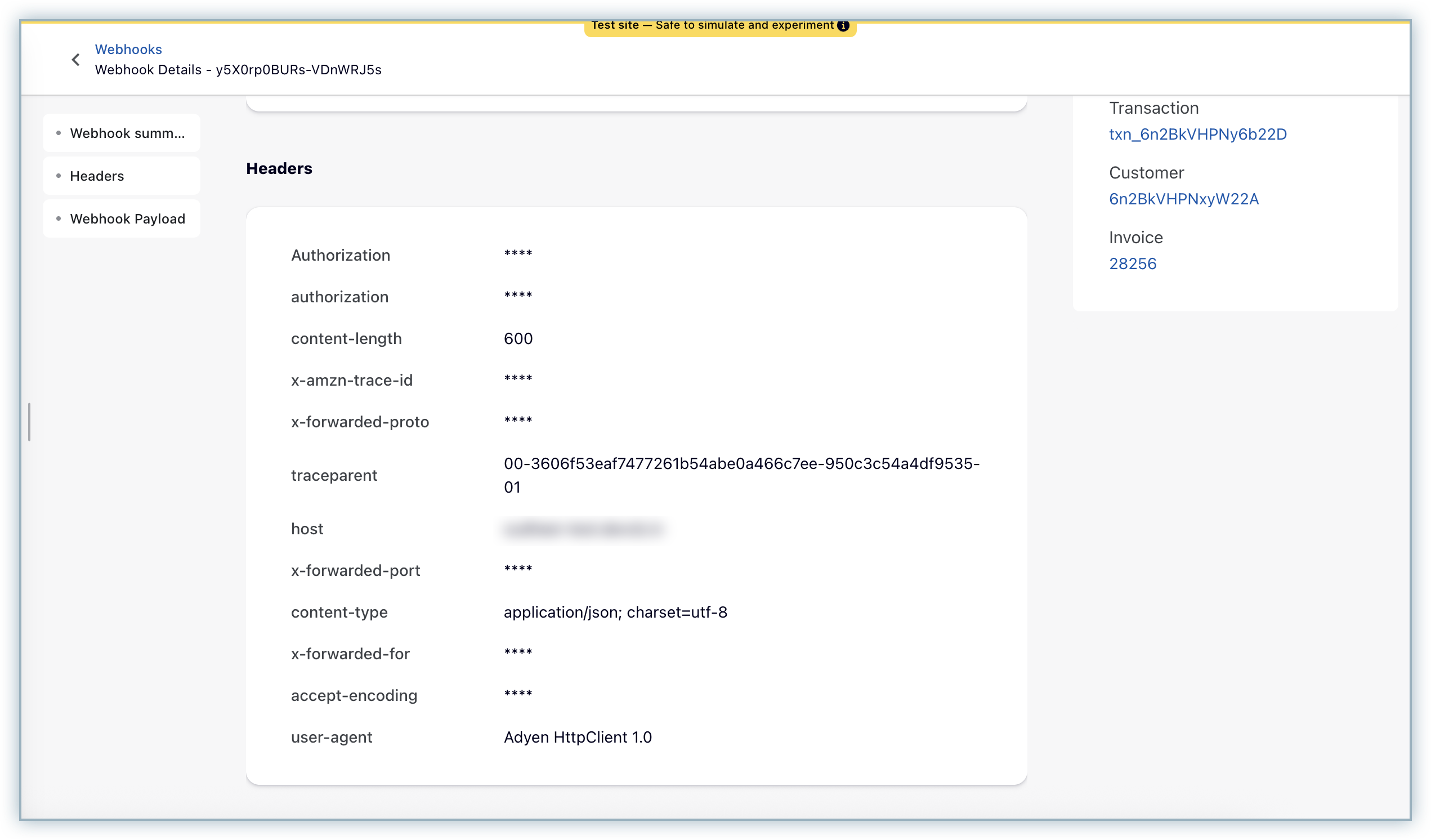 Webhook log headers