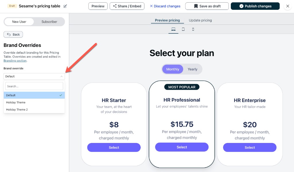 Apply brand override to pricing table