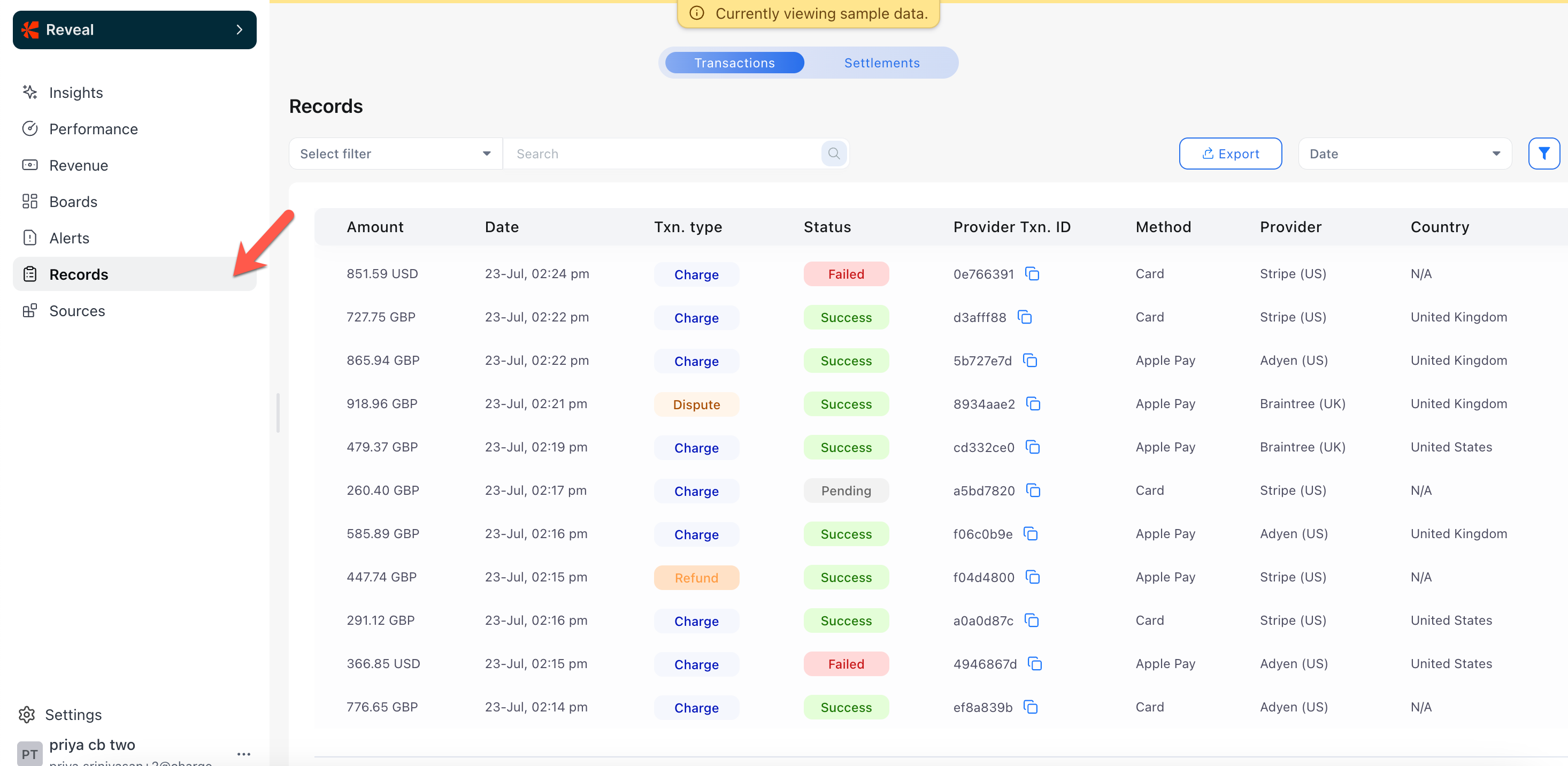 Reveal Settlements Records page showing the settled transactions table with settlement amount, fees, settlement date, and Settlement ID columns, filters, and Export.